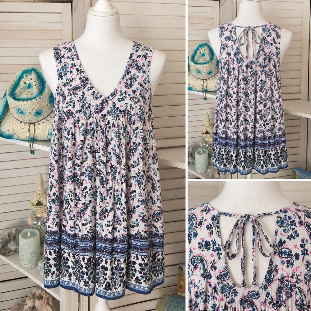 Absolutely Famous Blue Pink Paisley Tie Back Tunic Tank Top Small Floral Boho